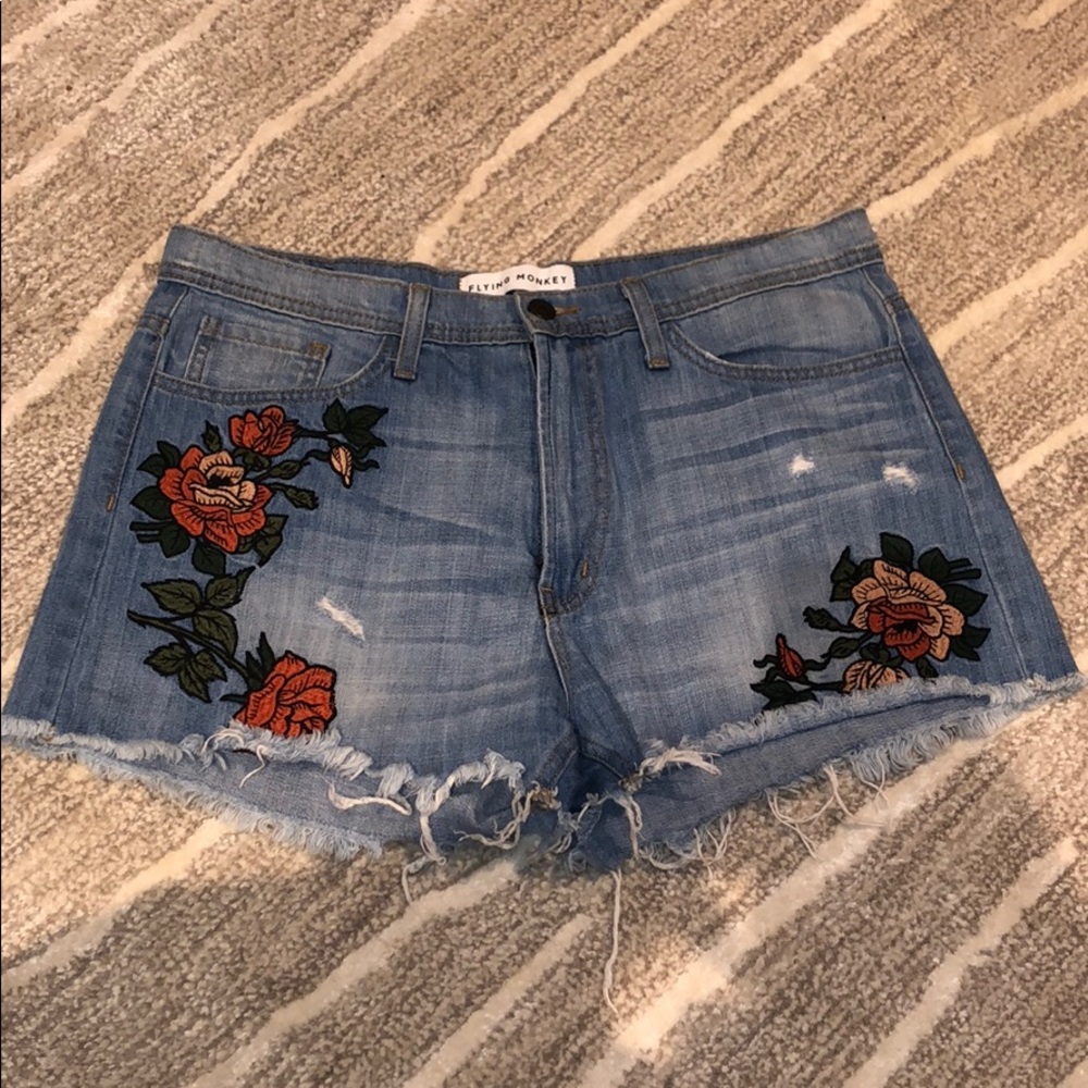 Floral Embroidered Flying Money Jean Shorts